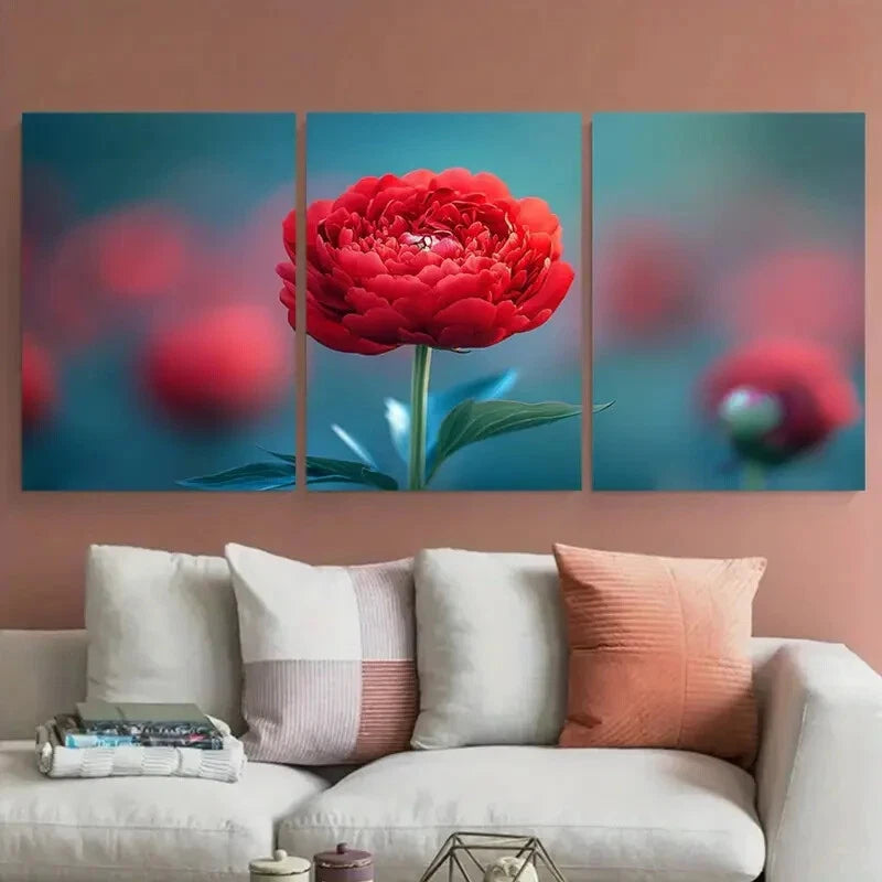 3pcs Crimson Red Peony Floral Photography Design Metal Print Ready to Hang Art - Bella Home Decor