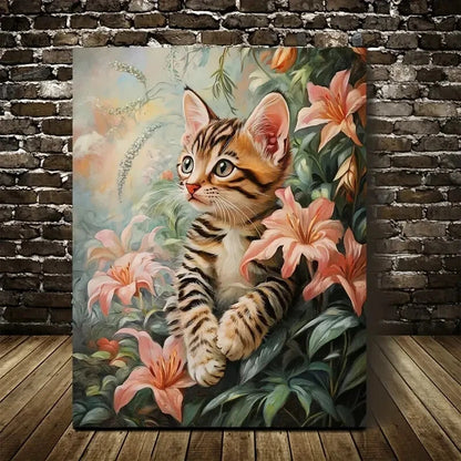 Cute Bengal Kitten with Vibrant Flowers Painting 40x60cm Metal Print Ready to Hang - Bella Home Decor