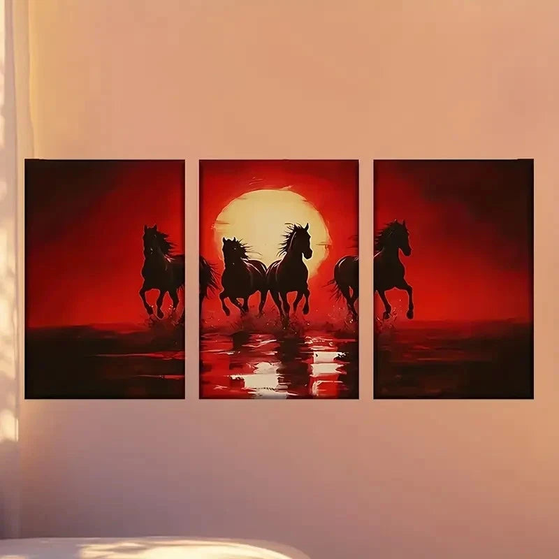 3pcs group of horses running across a river  Wall Art Set Canvas Framed 50x70cm - High Quality Print 100% Australian Made Wall Canvas Ready to Hang