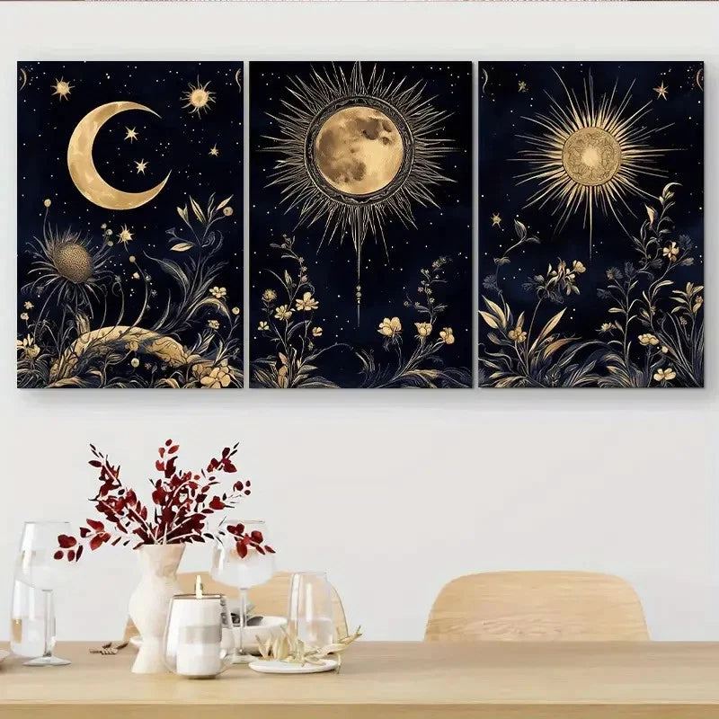 3pcs Golden and Navy Blue Celestial and Floral Metal Print Ready to Hang Art - Bella Home Decor