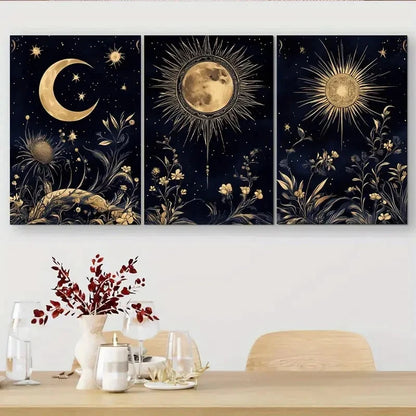 3pcs Golden and Navy Blue Celestial and Floral Metal Print Ready to Hang Art - Bella Home Decor