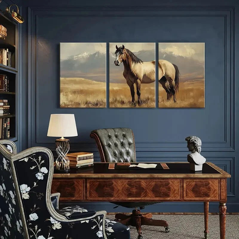 3pcs Horse Painting Mountain Landscape Metal Print Ready to Hang Art - Bella Home Decor