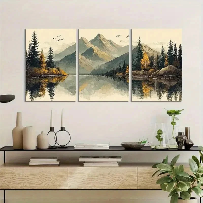 3pcs Autumn Winter Landscape with Mountains Metal Print Ready to Hang Art - Bella Home Decor