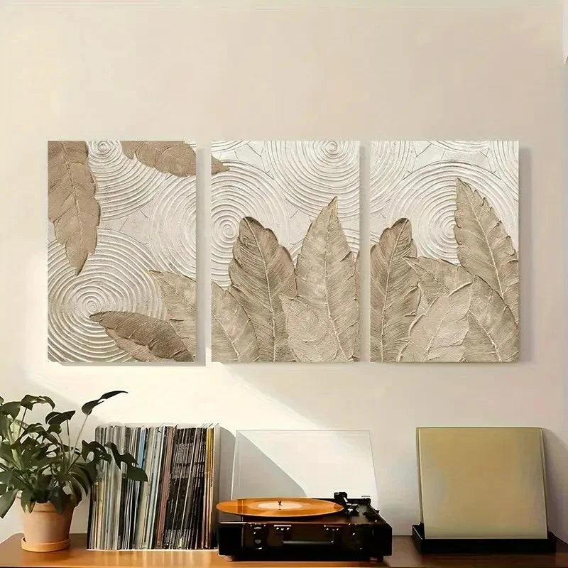 3pcs Elegant Beige Leaf and Swirl Texture Metal Print Ready to Hang Art