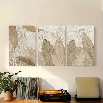 3pcs Elegant Beige Leaf and Swirl Texture Metal Print Ready to Hang Art