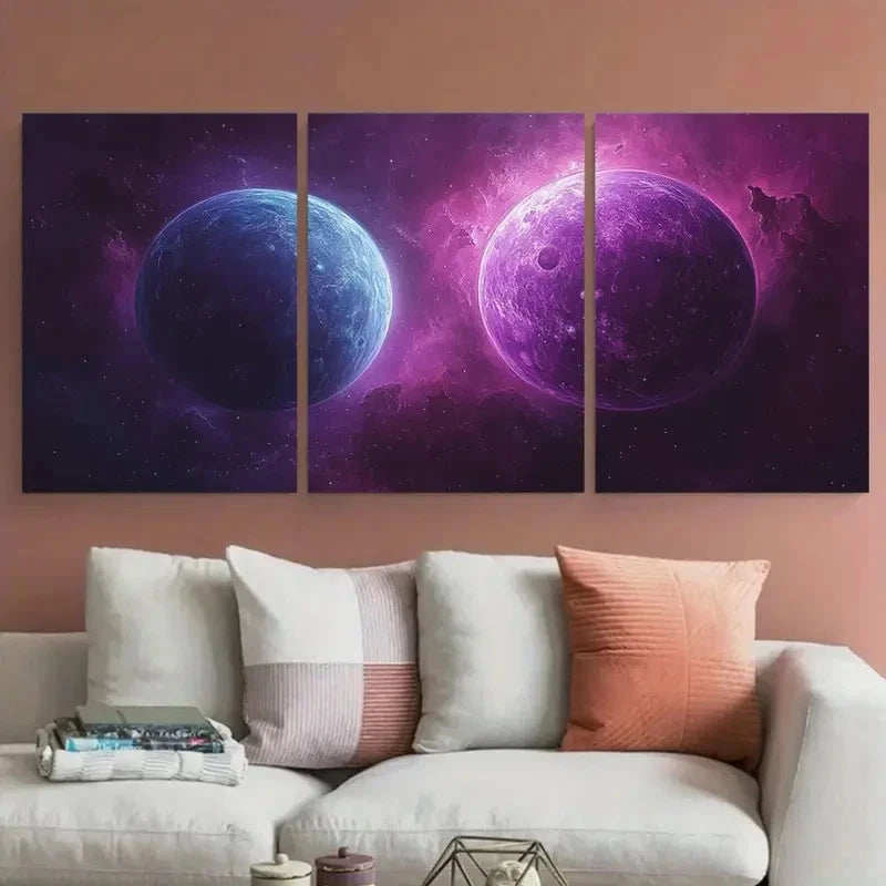 3pcs Purple Planet Cosmic Design Metal Print Ready to Hang Art