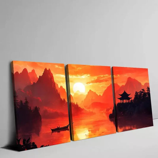 3pcs Chinese Landscape Sunset Mountains Rivers Wall Art Set Canvas Framed 50x70cm - High Quality Print 100% Australian Made Wall Canvas Ready to Hang
