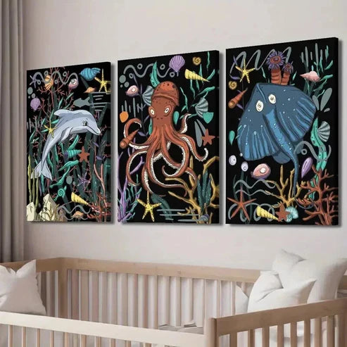 3pcs Dolphin Octopus Stingray Underwater Wall Art Set Canvas Unframed - High Quality Print 100% Australian Made Wall Canvas - Bella Home Decor