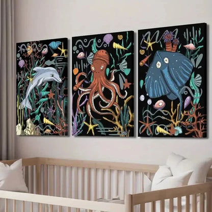 3pcs Dolphin Octopus Stingray Underwater Wall Art Set Canvas Unframed - High Quality Print 100% Australian Made Wall Canvas - Bella Home Decor