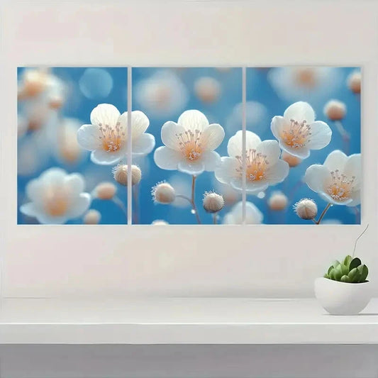 3pcs Elegant White Flower Serene Blue Background Metal Print Ready to Hang Art