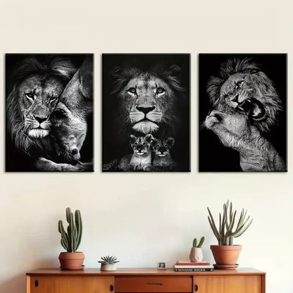 3pcs Lion House, animal Black and White print Wall Art Canvas Unframed - High Quality Print 100% Australian Made Wall Canvas
