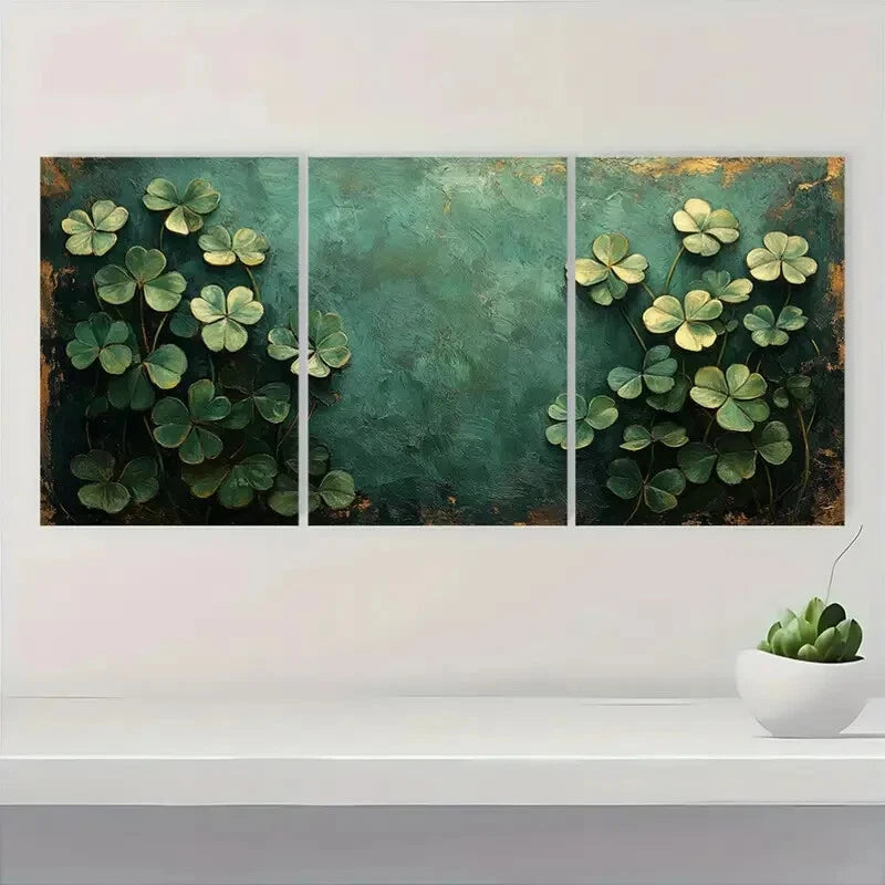 3pcs Vibrant Green Shamrock Design Oil Painting Metal Print Ready to Hang Art - Bella Home Decor