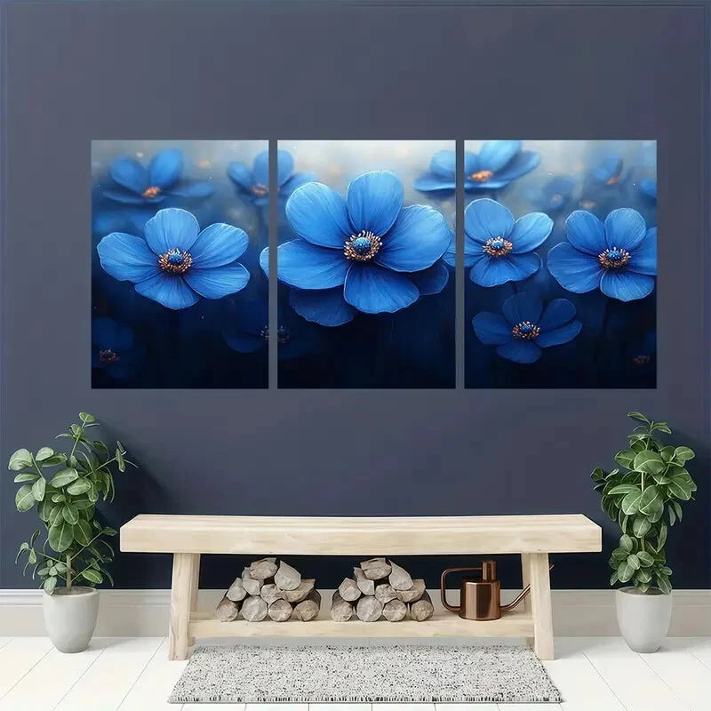 3pcs Painting Print Blue Flower Art Nature Art Metal Print Ready to Hang Art - Bella Home Decor