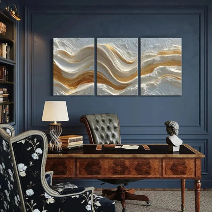3pcs Abstract Wavy Lines Art Cream Golden Colors Metal Print Ready to Hang Art