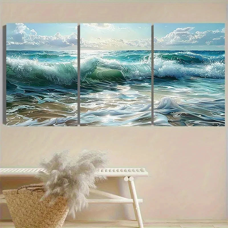3pcs Ocean Waves Beach Panoramic Wall Art Set Canvas Framed 60x90cm - High Quality Print 100% Australian Made Wall Canvas Ready to Hang - Bella Home Decor