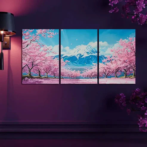3pcs Japanese Mount Fuji Scenery, Cherry Tree Wall Art Canvas Unframed - High Quality Print 100% Australian Made Wall Canvas