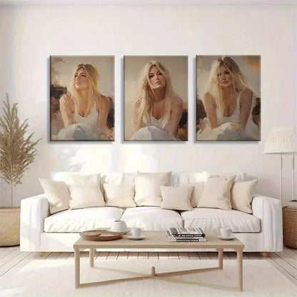 3pcs Blonde Woman in White Dress Seated Portrait Metal Print Ready to Hang Art - Bella Home Decor