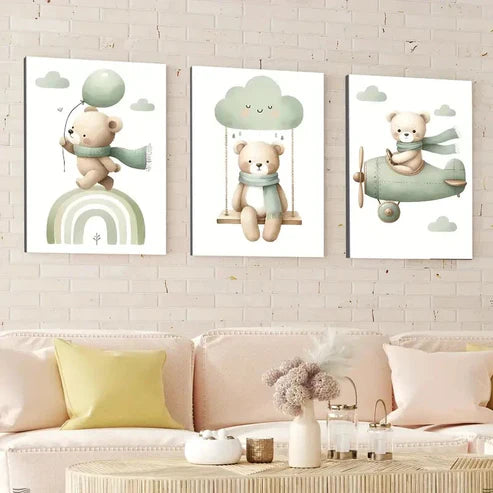 3pcs Modern Wooden Airplane Rainbow Bear Balloon Wall Art Set Canvas Unframed - High Quality Print 100% Australian Made Wall Canvas