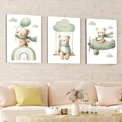 3pcs Modern Wooden Airplane Rainbow Bear Balloon Wall Art Set Canvas Unframed - High Quality Print 100% Australian Made Wall Canvas