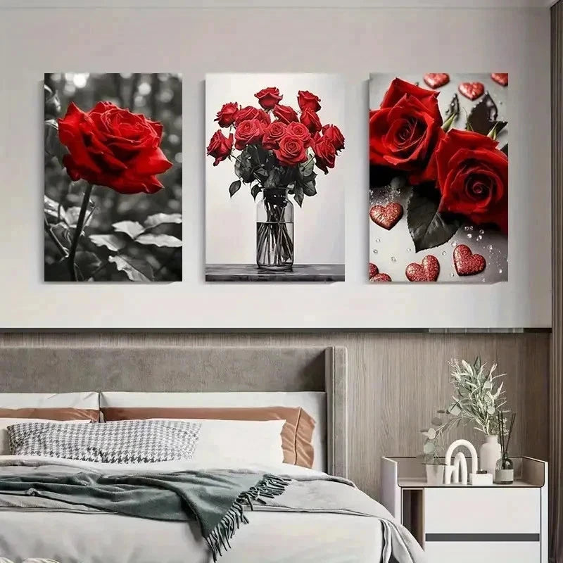 3pcs Red Rose Black and White and Full  Wall Art Set Canvas Framed 60x90cm - High Quality Print 100% Australian Made Wall Canvas Ready to Hang