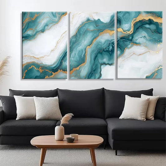 3pcs Teal And Golden Abstract Fluid Art Metal Print Ready to Hang Art