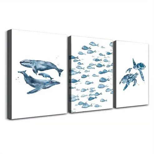 3pcs Water Color Painting Of Whale, Turtle & Fishes Art Set Canvas Unframed - High Quality Print 100% Australian Made Wall Canvas