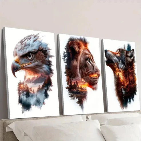 3pcs Eagle Lion Wolf Portraits and Nature Wall Art Canvas Unframed - High Quality Print 100% Australian Made Wall Canvas - Bella Home Decor