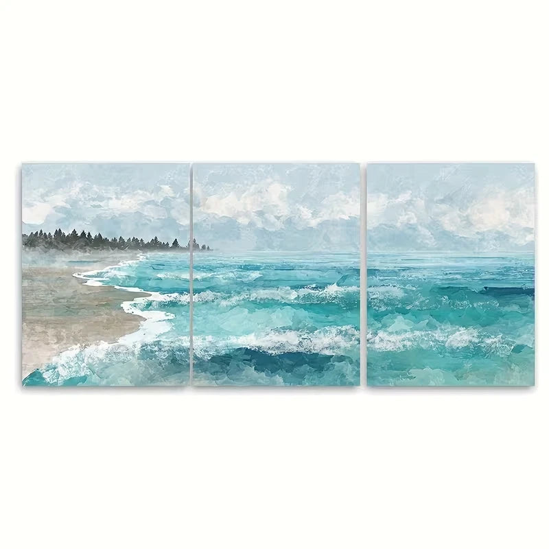 3pcs, Coastal Serenity Theme, Pastel Watercolor Metal Print Ready to Hang Art