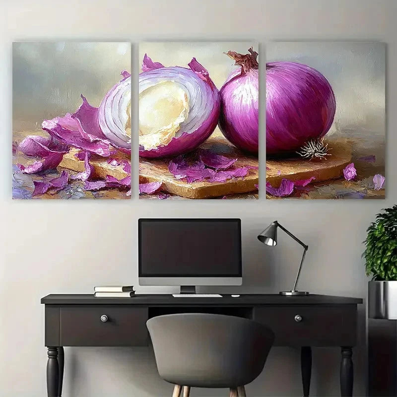 3pcs an Onion with Its Light Beige Half Peeled Metal Print Ready to Hang Art - Bella Home Decor