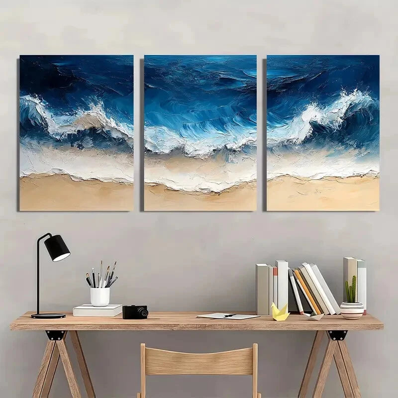 3pcs Abstract Blue Ocean Wave Beach Oil Painting Metal Print Ready to Hang Art - Bella Home Decor