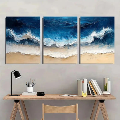 3pcs Abstract Blue Ocean Wave Beach Oil Painting Metal Print Ready to Hang Art - Bella Home Decor