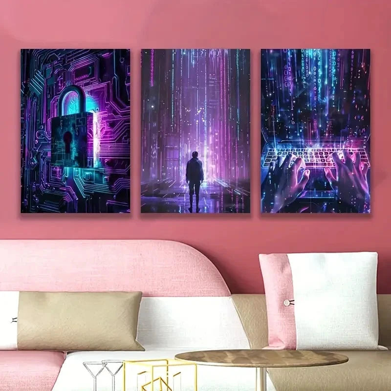 3pcs Neon Lit Cyberpunk Artwork Wall Art Set Canvas Framed 40x60cm - High Quality Print 100% Australian Made Wall Canvas Ready to Hang