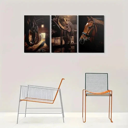 3pcs Western Horse Barn Cowboy Saddle and Hat Wall Art Canvas Unframed - High Quality Print 100% Australian Made Wall Canvas