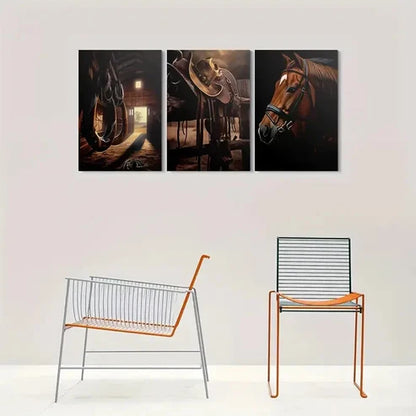 3pcs Western Horse Barn Cowboy Saddle and Hat Wall Art Canvas Unframed - High Quality Print 100% Australian Made Wall Canvas