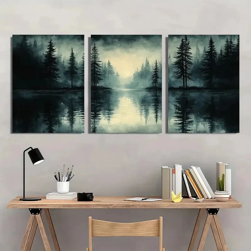 3pcs Abstract Vintage Sketch Forest Landscape Metal Print Ready to Hang Art - Bella Home Decor
