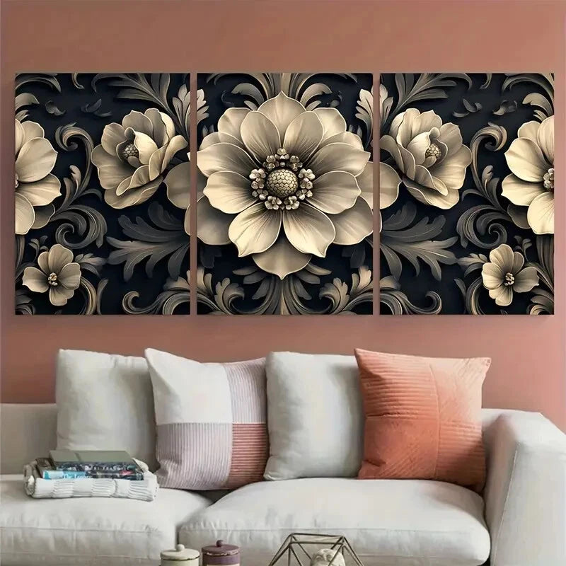 3pcs Elegant Dark Floral Baroque Damask Pattern Metal Print Ready to Hang Art - Bella Home Decor