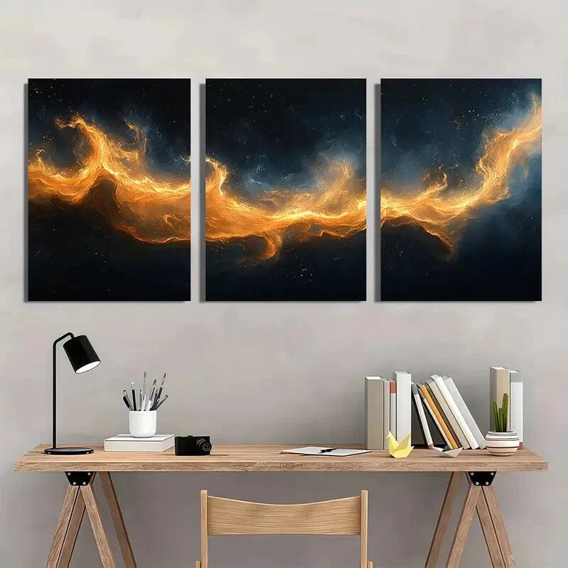 3pcs Abstract Geometric Black & Golden Smoke Wave Metal Print Ready to Hang Art - Bella Home Decor