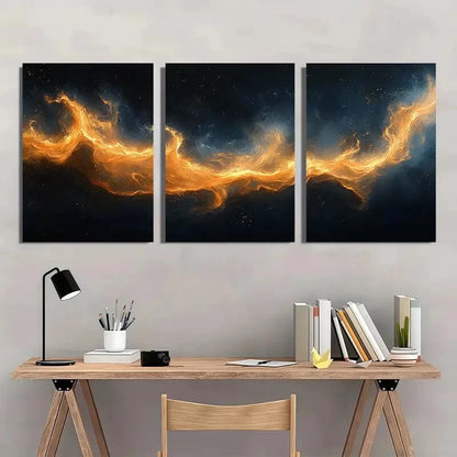 3pcs Abstract Geometric Black & Golden Smoke Wave Metal Print Ready to Hang Art - Bella Home Decor