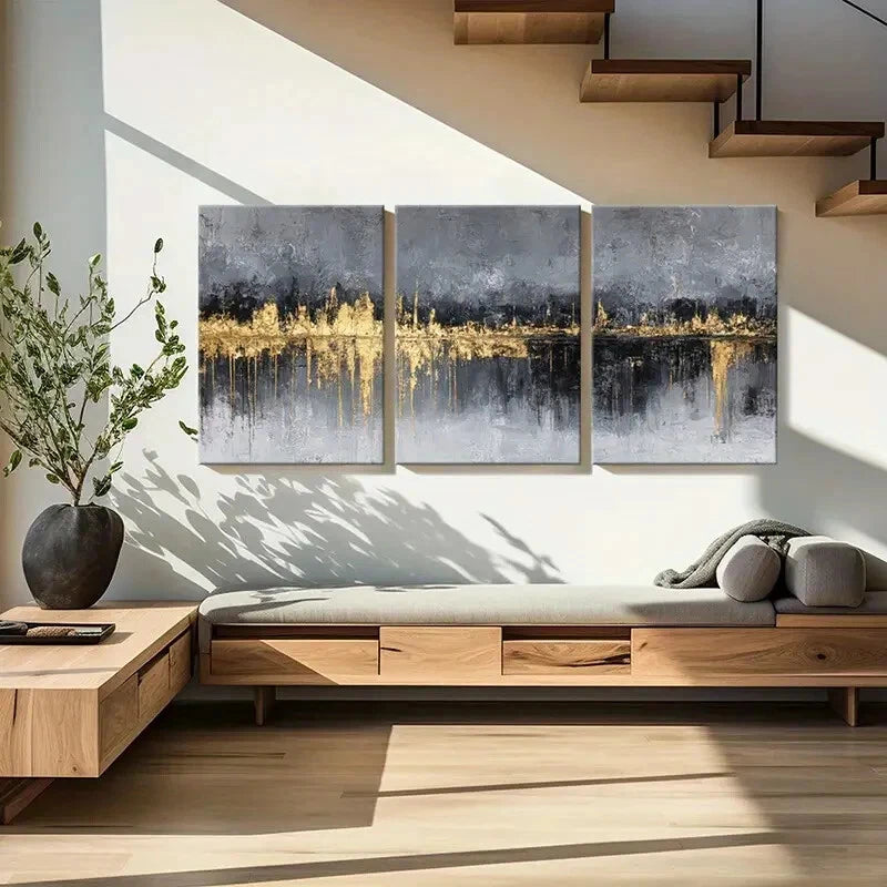3pcs Set of Abstract Cityscape Golden Highlights Metal Print Ready to Hang Art - Bella Home Decor