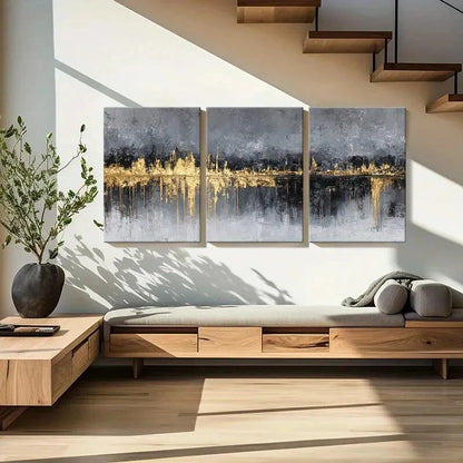 3pcs Set of Abstract Cityscape Golden Highlights Metal Print Ready to Hang Art - Bella Home Decor