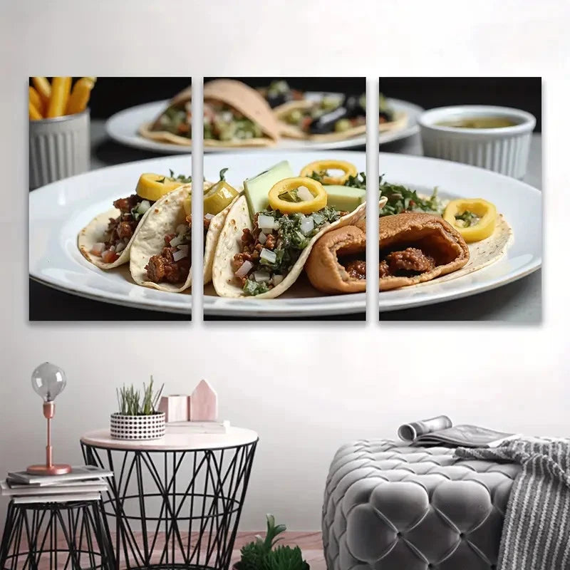 3pcs Vibrant Tacos with Avocado & Salsa Wall Art Set Canvas Framed 60x90cm - High Quality Print 100% Australian Made Wall Canvas Ready to Hang