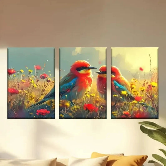 3pcs Two Birds Sitting on a Field of Flowers Wall Art Set Canvas Framed 50x70cm - High Quality Print 100% Australian Made Wall Canvas Ready to Hang