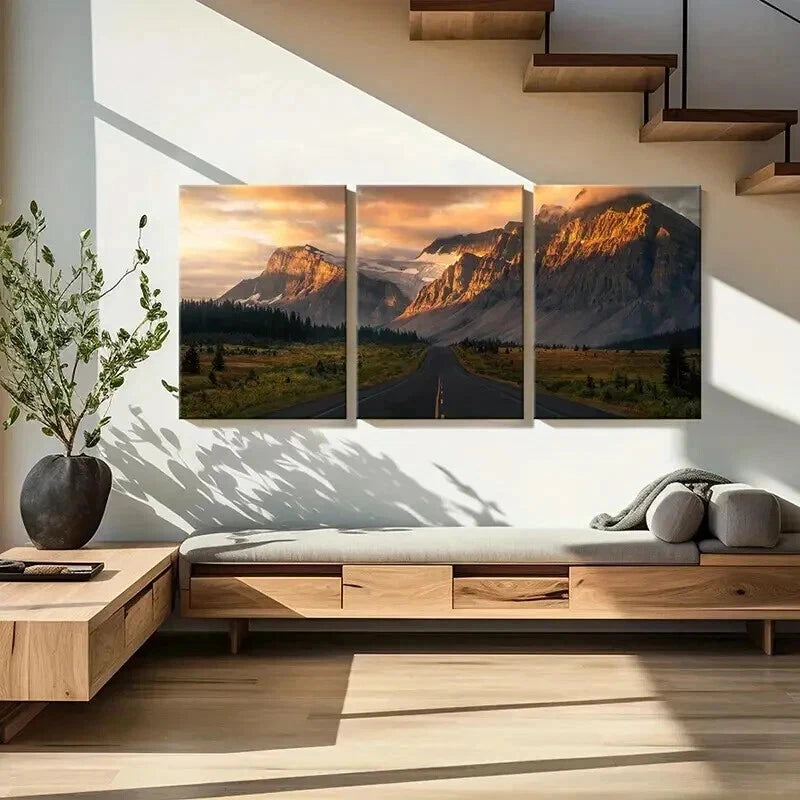 3pcs Scenery Mountains Sunset Road & Trees Wall Art Set Canvas Framed 40x60cm - High Quality Print 100% Australian Made Wall Canvas Ready to Hang - Bella Home Decor