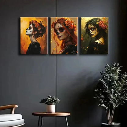 3pcs Dead Sugar Skull Painting Set Metal Print Ready to Hang Art - Bella Home Decor