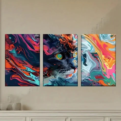 3pcs Feline Paintings with Blue Eyes & Red Wall Art Set Canvas Unframed - High Quality Print 100% Australian Made Wall Canvas - Bella Home Decor