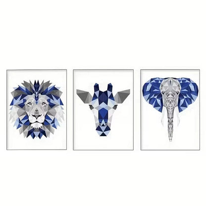3pcs Navy Blue and Gray Giraffe Lion Elephant Wall Art Set Canvas Framed 40x60cm - High Quality Print 100% Australian Made Wall Canvas Ready to Hang
