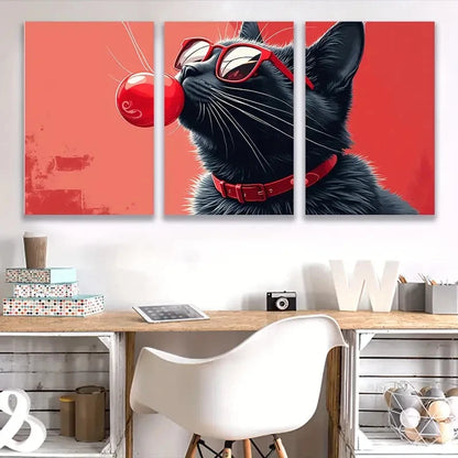 3pcs Black Cat in Fashion Glasses, Red Bow I Wall Art Set Canvas Framed 40x60cm - High Quality Print 100% Australian Made Wall Canvas Ready to Hang - Bella Home Decor