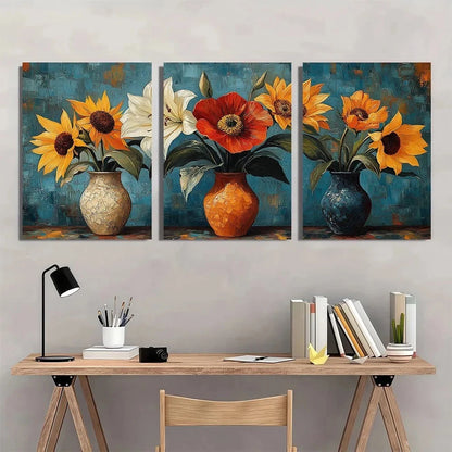 3pcs Vibrant Red Yellow & White Sunflowers Metal Print Ready to Hang Art - Bella Home Decor
