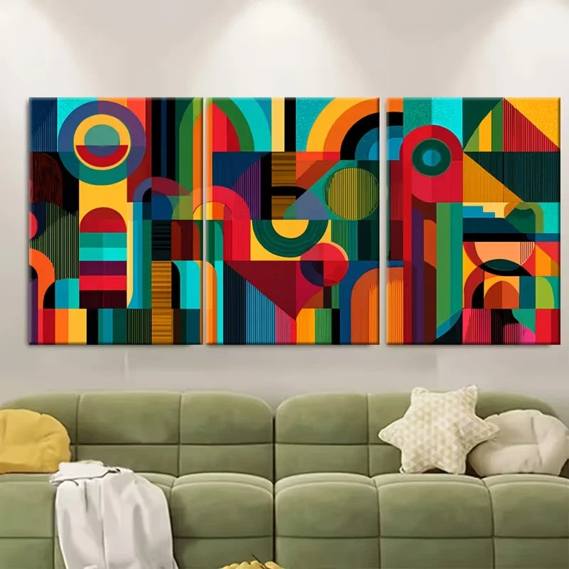 3pcs Colorful Geometric Shapes Abstract Metal Print Ready to Hang Art - Bella Home Decor