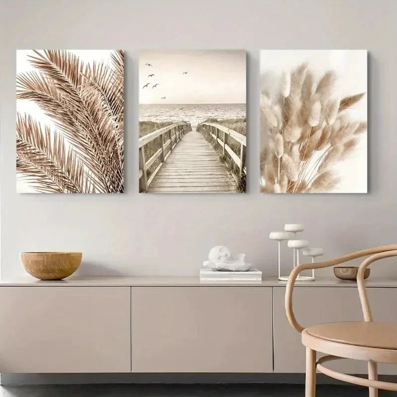 3pcs Beach Scene with Palm Trees Reeds & Pier Metal Print Ready to Hang Art - Bella Home Decor